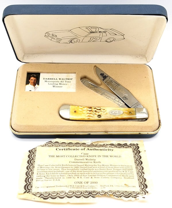1989 Case XX Ltd Darrell Waltrip Bone Trapper: 1989 Case XX Ltd Darrell Waltrip Bone Trapper BW6254 w/ Case. Knife is engraved with the serial 0629 on the upper front bolster, and has Darrell Waltrip etchings on the blades. Knife is in very nice c