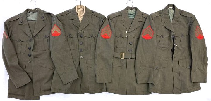 (4) United States Marine Corps Uniforms: (4) United States Marine Corps Uniforms. The United States Marine Corps Uniforms are in very nice used condition. Three of the Marine Uniforms include Jacket & Pants. One of the Uniforms is the Jacket