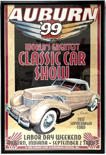 1999 Auburn Cord Duesenberg Festival Inc. Poster: 1999 Auburn Cord Duesenberg Festival Inc. Poster. 1999 Auburn World's Greatest Classic Car Show Labor Day Weekend "1937 Supercharged Cord" This framed poster is in good condition measuring 37in x 25in