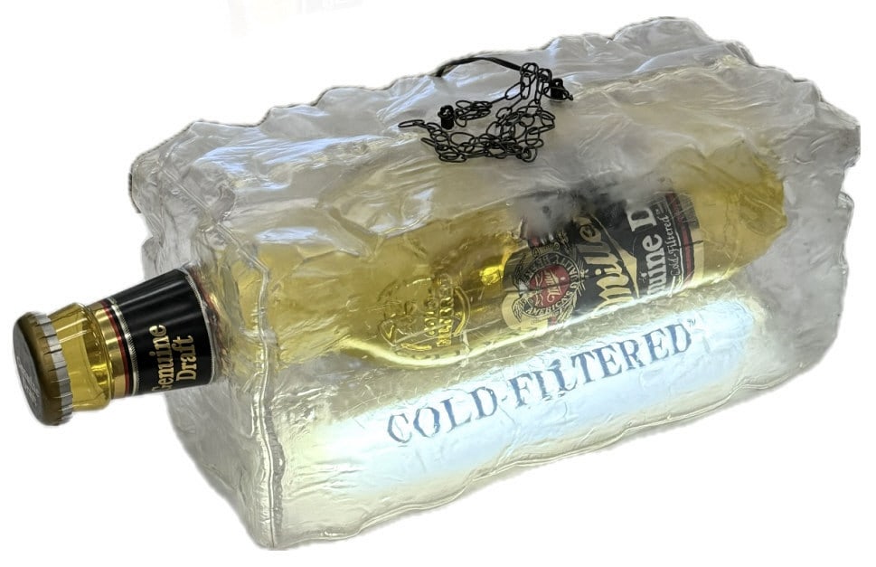MGD Beer Bottle Ice Cube Pool Table Lighted Sign: Miller Genuine Draft Beer Bottle Ice Cube Pool Table Lighted Advertisement Sign. This unique piece is in working condition with minor scratches in plastic due to display and age. Original mfg stickers