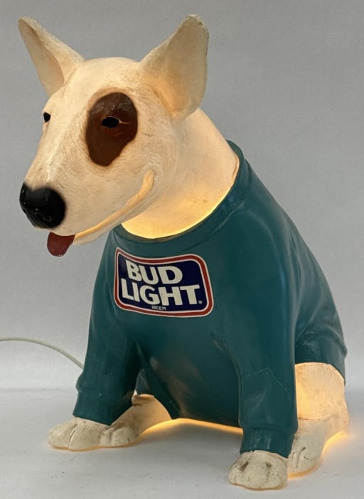 1988 Bud Light Spuds Mackenzie Advert. Lamp: 1988 Bud Light Spuds Mackenzie Advertisement Table/Countertop Lamp. This lamp lights up with plugged in and some wear / scratches due to age and display. December 13th 1988 Anheuser-Busch Inc. Item No
