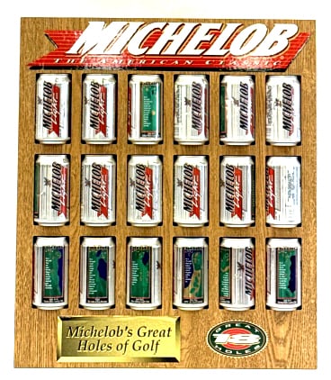 1995 Michelob's 18 Great Holes Of Golf Display: 1995 Michelob's 18 Great Holes Of Golf Display. This Unique Display Was Designed and Produced By Niven Marketing Group For Anheuser-Busch, Inc. Each Can Displays A Different Golf Course. These Cans Ar