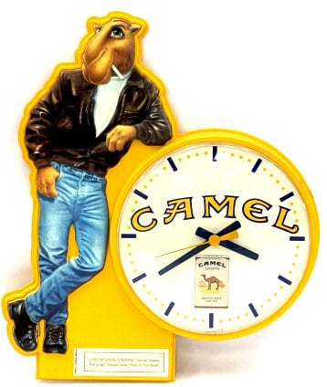 1992 Joe Camel Two-Way Battery Operated Clock: 1992 Joe Camel Two-Way Battery Operated Clock. This Is A Full Stature, Joe Camel From R. J. Reynolds, Leaning On A Bubble Faced Clock. It Is Battery Operated and In Working Condition. Original Smoking