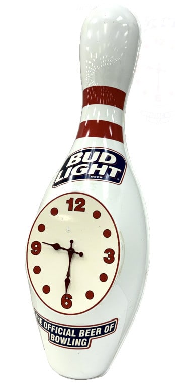 Vintage 3D Bud Light Bowling Pin Advertising Clock: Vintage 3D Bud Light Bowling Pin Advertising Clock. The "Official Beer Of Bowling". This Large Bowling Pin Can Be Suspended Or Mounted On The Wall For Your Viewing Pleasure. The Measurements Are 42 In