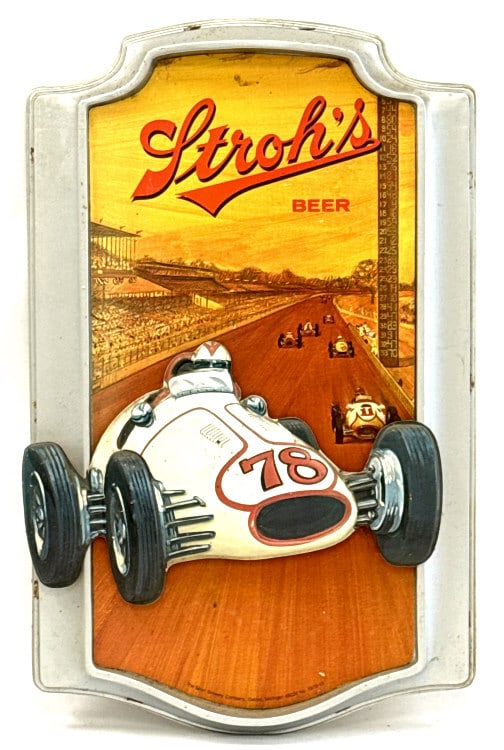 Stroh's Beer Indianapolis 500 Advertising Sign: Stroh's Beer Indianapolis 500 Advertising Sign. This Plastic Molded, 3D Sign Has An Open Wheel Indy Car Floating In Front Of A Depiction Of The Home Stretch and Grandstands. The Sign Is In Good Condit
