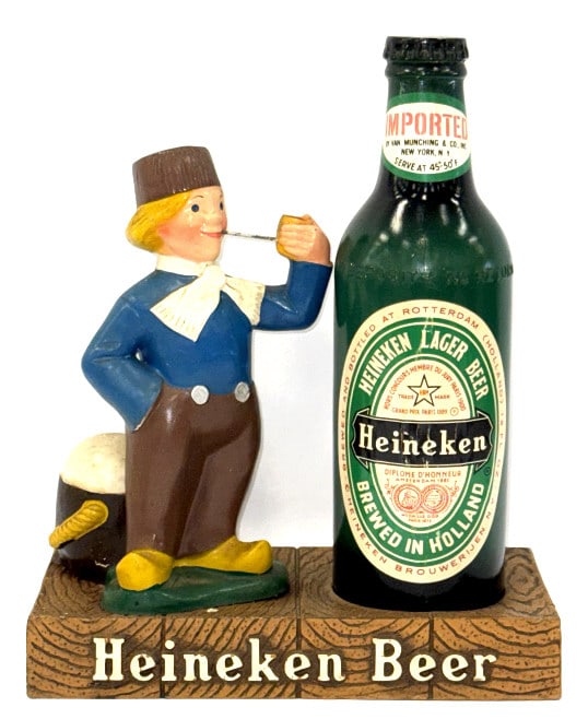 Vintage Heineken Beer Dutch Boy Bar Adver. Display: Vintage Heineken Beer Dutch Boy Bar Advertisement Display Figure. This composite beer bottle display is in good condition with minimal wear due to age and display, slight moisture damage on base (pict