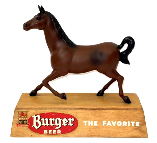 1960's Burger Beer Horse Bar Advertisement Display: 1960's Burger Beer "The Favorite" Horse Bar Advertisement Display. This display is in good condition with all original decals intact with minimal wear due to age and display. It sits on a wood base in