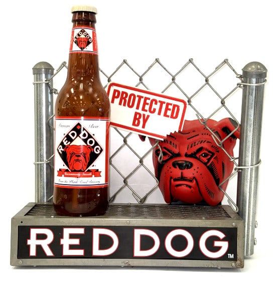 1996 Red Dog Protected By Fence Lighted Beer Sign: 1996 Red Dog Protected By Fence Lighted Beer Display Advertisement, Plank Road Brewery. This unique piece has minor scratches and surface rust on metal base of display. Lights untested, unaware if lig