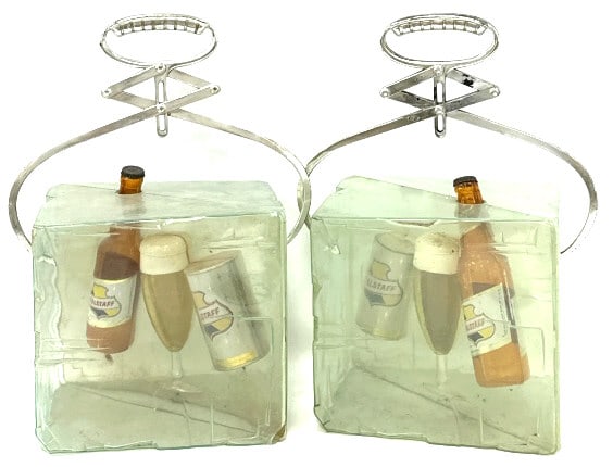 Pair Vtg. Falstaff Beer Frozen Ice Cube Bar Signs: Pair of Vintage Falstaff Beer Frozen Ice Cube Bar Signs. These unique advertising pieces feature a bottle, can and glass within the ice cubes. There is some cracking in plastic where ice pick enters c