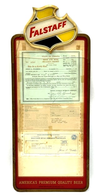 Vtg. Falstaff Menu Board Liquor License Holder: Vintage Falstaff Beer Menu Board Liquor License Holder with 1972-1973 State of Indiana Beer & Wine Dealer's Permit for Grocery Store in Goshen, IN. Also Contains 1972 Registered Retail Merchant Certif