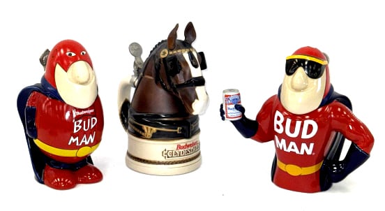 (3) Budweiser Beer Collectible Beer Steins: (3) Budweiser Beer Collectible Beer Steins. Including Budweiser Clydesdales Horse Stein and Two BUN MAN Beer Steins. All three Steins are in good condition and display nicely. Largest measuring approx