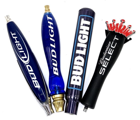 (4) Bud Light / Budweiser Select Beer Tap Handles: (4) Bud Light / Budweiser Select Beer Tap Handles. Including Blue Acrylic Bud Light with Gold Accents, Blue Plastic Bud Light with Silver Accents, Metal Bud Light Raised Letters and Budweiser Select.