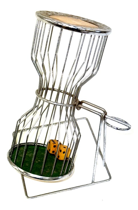 Antique "Chuck-A-Luck" Birdcage Dice Roller: Antique "Chuck-A-Luck" Birdcage Dice Roller with Dice. This Birdcage-Style Dice Roller Contains (2) Two Bakelite Dice. It Has Felted Interior Ends and Is Fully Functional. The Measurements Are 10 1/2