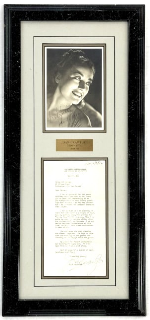 Framed Joan Crawford Autographed Photo & Letter: History-Makers Inc. authenticated framed photograph and letter signed by actress Joan Crawford. Letter is dated 1952. Frame measures 11-1/2" across x 25" tall.