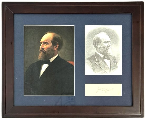 Framed President James Garfield Print & Signed Cut: Unauthenticated framed prints & signed cut by the 20th U.S. President James A. Garfield. Frame measures 16-1/4" across x 13-1/4" tall.