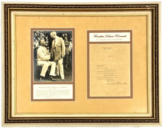 Framed President Franklin Roosevelt Signed Letter: Unauthenticated framed photo and signed letter by the 32nd U.S. President Franklin Delano Roosevelt. Photograph feature Roosevelt greeting former New York Governor Al Smith. Frame measures 28-1/2" acr