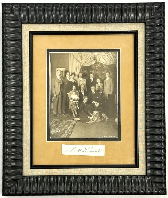 Framed President Franklin Roosevelt Signed Cut: Unauthenticated framed family photo and signed cut by the 32nd U.S. President Franklin Delano Roosevelt. Frame measures 16-3/4" across x 19-1/2" tall.
