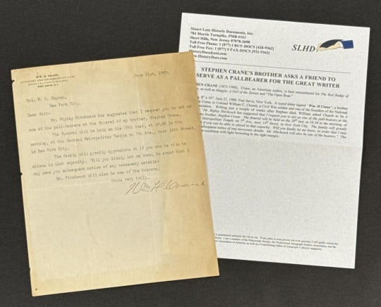 June 21st, 1900 Stephen Crane Pallbearer Letter: A 8" x 10" typed letter from American Author Stephen Crane's brother Wm. H Crane to Civil War soldier and one of the founders of the NRA Colonel William C. Church requesting that he be a pallbearer at