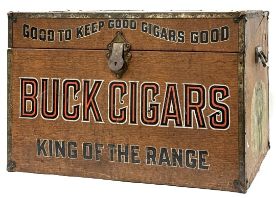 Buck Cigars Tin-Clad Wood Floor Humidor: Buck Cigars Tin-Clad Wood Floor Humidor circa Late 19th-Early 20th Century. This "king Of The Range" Trunk-Style Large Floor Humidor Is In Good Condition. The Steel Handles and Adjustable Vents Are In