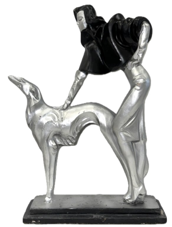 1989 "Afternoon Stroll" Statue by Alexander Daniel: 1989 "Afternoon Stroll" Statue by Alexander Daniel For Austin Productions. This Ard Deco Revival Statue Depicts A Lady and Borzoi Dog. It Is Comprised Of Durastone, Which Is A Copyrighted Material Of