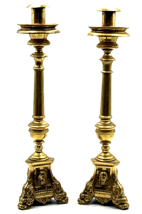 Vintage Brass Church Alter Candlesticks: Pair of vintage brass church alter candlesticks featuring the Trinity of Christ. Nice original condition. They measure 14-1/2" tall x 4" across.