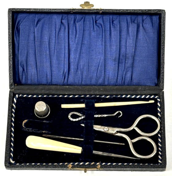 Antique (6) Six Piece Bone Handled Sewing Kit: Antique (6) Six Piece Bone Handled Sewing Kit. This Lovely English Sterling Silver Sewing Kit Contains A Bone Handled Awl and A Stitch Hook Of Bone. There Is A Number (5) Five Thimble Included As Well