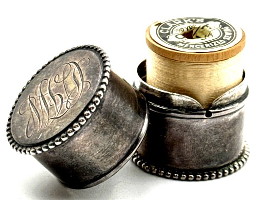 Sterling Silver Thread Case with Monogram: Sterling Silver Thread Case with Monogram. This Cylindrical Case Holds A Spool Of Thread and Dispenses The Thread Through A Small Opening In The Case. The Top and Bottom Edges Are Beaded For An Elegan