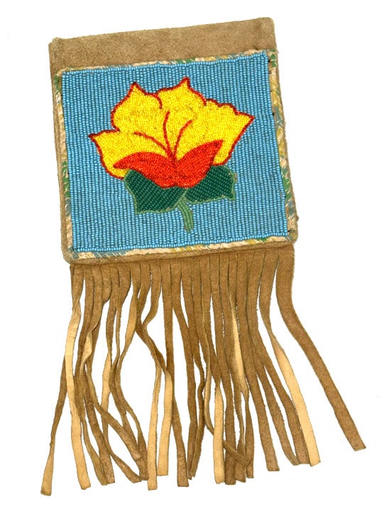 Native American Plateau Beaded Leather Bag: Very nice vintage Native American Plateau beaded leather fold over bag. Overall with the bottom drops measures 17-1/2" long unfolded x 6" wide.