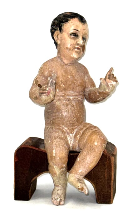 Antique Guatemalan Wood Santo Baby Jesus Statue: Antique Guatemalan Hand-Carved Wood Santo Baby Jesus Statue. Nice condition with most of the original paint, has some chips and missing fingures. Measures approx. 8-1/2" tall x 4-1/2" across x 3-1/4" 