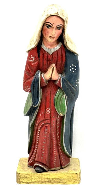 Vintage Hand-Carved Wood Santo Virgin Mary Statue: Vintage Hand-Carved Wood Santo Virgin Mary Statue. Nice condition with most of the original paint. Measures approx. 11-1/2" tall x 4-1/4" across x 2-1/2" deep.