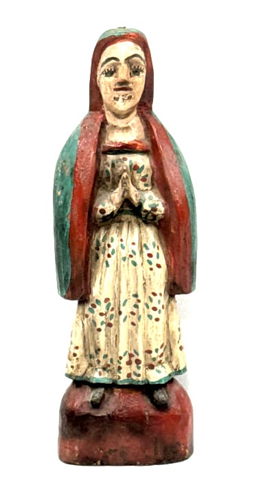 Vintage Hand-Carved Wood Santo Virgin Mary Statue: Vintage Hand-Carved Wood Santo Virgin Mary Statue. Nice condition with most of the original paint. Measures approx. 11" tall x 3-1/2" across x 2" deep.