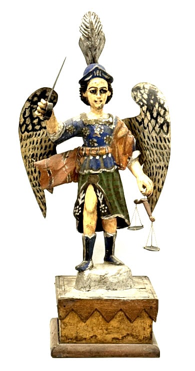 Antique Guatemalan Wood Santo St. Michael Statue: Antique Guatemalan Hand-Carved Wood Santo Immaculate Conception Madonna with Folded Hands Statue. Nice condition with most of the original paint. Measures approx. 17-1/2" tall x 7" across x 3-1/2" dee