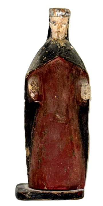 Antique Hand-Carved Wood Santo St. Anthony Statue: Antique Hand-Carved Wood Santo St. Anthony Statue. Nice condition with most of the original paint, missing his right hand. Measures approx. 8" tall x 3" across x 2" deep.