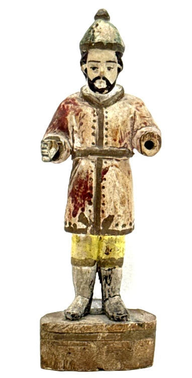 Antique Hand-Carved Wood Santo St. Isadore Statue: Antique Hand-Carved Wood Santo Saint Isadore Statue. Nice condition with some of the original paint, missing the left arm. Measures approx. 7" tall x 2-1/4" across x 1-3/4" deep.