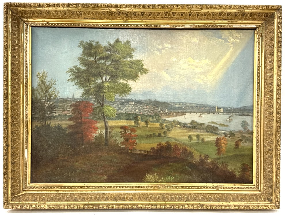 David Johnson City Of Troy New York Oil On Canvas: Beautiful oil on canvas painting by listed New York artist David Johnson (1827-1908). The painting is titled "City of Troy New York" and features the city landscape. His name is etched on the reverse