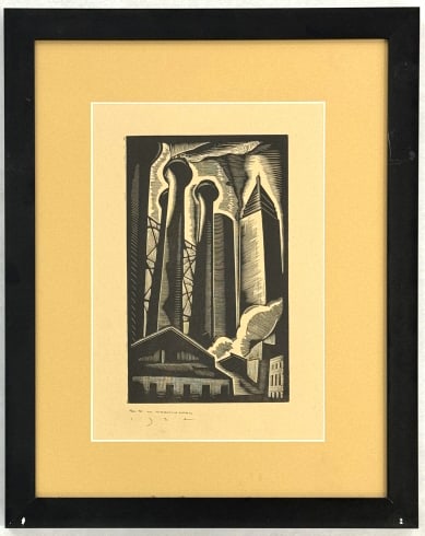 E.M. Washington "Industry" Signed Woodcut Print: 1934 signed woodcut print by artist Earl Marshawn Washington. The print is titled "Industry" and is signed and dated in pencil in the lower left plate. Sight measures 7" across x 10" tall, framed meas