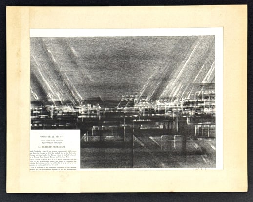 Richard Florsheim "Industrial Night" Signed Litho: Vintage signed limited edition print by listed Illinois artist Richard Florsheim. The print is tited "Industrial Night" and is signed in pencil in the lower right plate, limited to 250 prints. Sight m