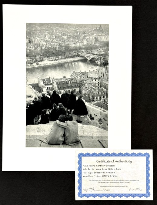 Cartier-Bresson Paris Seen From Notre Dame Gravure: 1950's France Sheet-fed Gravure by artist Henri Cartier-Bresson. The gravure is titled "Paris Seen From Notre Dame" and is in exceptional condition. The print comes with a Certificate of Authenticity