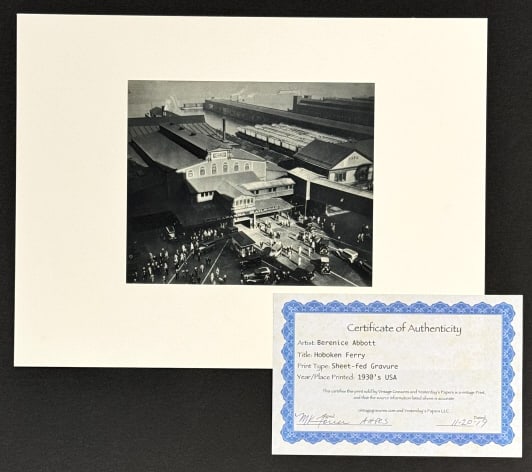 1930's Berenice Abbott "Hoboken Ferry" Gravure: 1930's USA Sheet-fed Gravure by artist Berenice Abbott. The gravure is titled "Hoboken Ferry" and is in exceptional condition. The print comes with a Certificate of Authenticity from Vintage Gravures