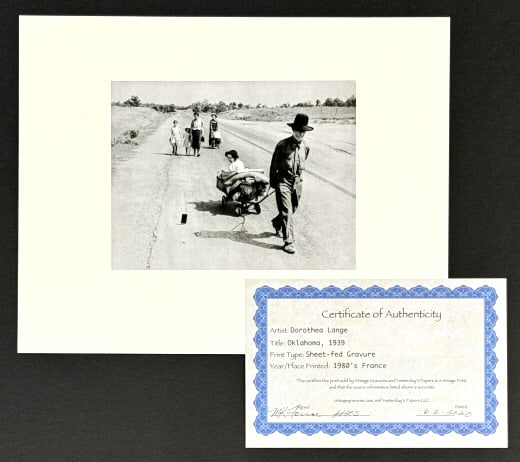 1980's Dorothea Lange Oklahoma 1939 Gravure Print: 1980's France Sheet-fed Gravure by artist Dorthea Lange. The gravure is titled "Oklahoma 1939" and is in exceptional condition. The print comes with a Certificate of Authenticity from Vintage Gravures