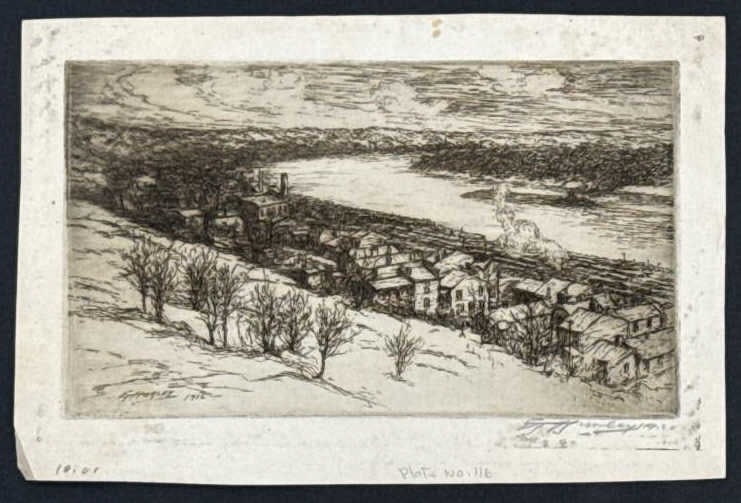 E.T. Hurley River Bend Eden Park Signed Etching: 1920 etching by listed Ohio artist Edward T. Hurley. The etching features the Bend of the River from Eden Park in Cincinnati and is signed and dated in pencil in the lower right plate. Overall the etc