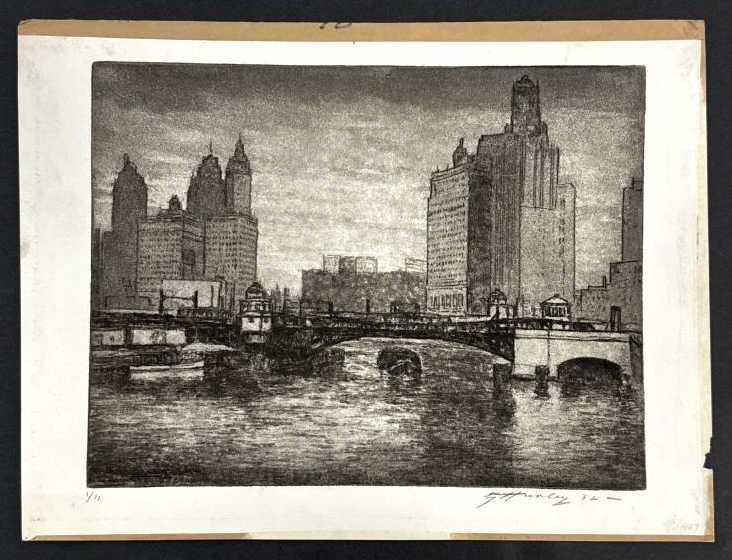 E.T. Hurley River Scene Cincinnati Signed Etching: 1936 etching by listed Ohio artist Edward T. Hurley. The etching features the river scene from Cincinnati and is signed and dated in pencil in the lower right plate. Overall the etching measures 14-5/