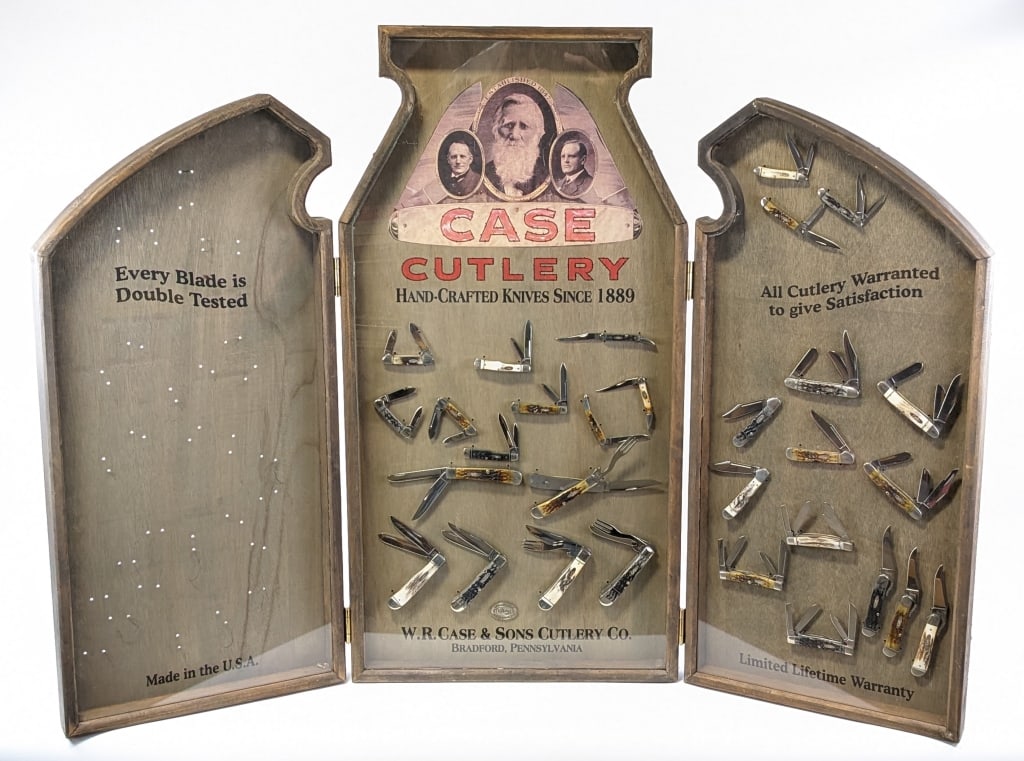 Ltd 2000 Case XX Employee Knife Display Set 1 of 350: Ltd 2000 Case XX Employee Knife Display Set. Set is number 188 of 350 and includes 30 Case XX knives of various designs and handle materials. The display is signed on the back with names from the make