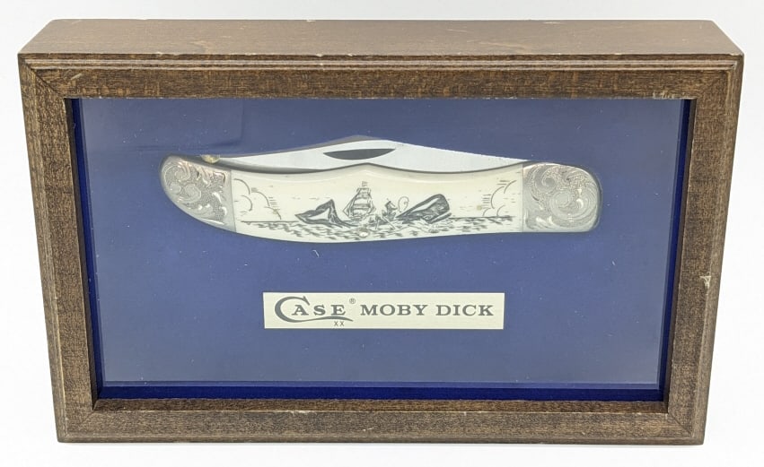 1977 Case XX Ltd Moby Dick Scrimshaw Knife: 1977 Case XX Ltd Moby Dick Scrimshaw Bone Hunter W165 SAB SSP. Knife is numbered A1777 on the back of the blade and features engraved bolsters, and scrimshaw Moby Dick scene on natural bone handle sca