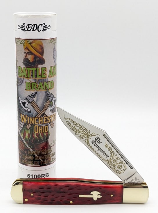 2021 Battle Axe Conqueror Red Coke Bottle Knife: 2021 Battle Axe Brand The Conqueror Red Bone Coke Bottle Knife 5100RB w/ Tube. Knife is in like new condition. Overall measures 5-1/4in when closed. Ref #: 271