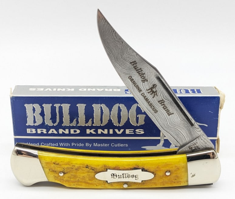 1997 Bulldog Brand Yellow Bone Damascus Knife 1 of 5: 1997 Ltd Bulldog Brand Yellow Bone Damascus Lockback w/ Box. Knife is 1 of 5 and is in like new condition. Overall measures 4-3/8in when closed. Ref #: 299