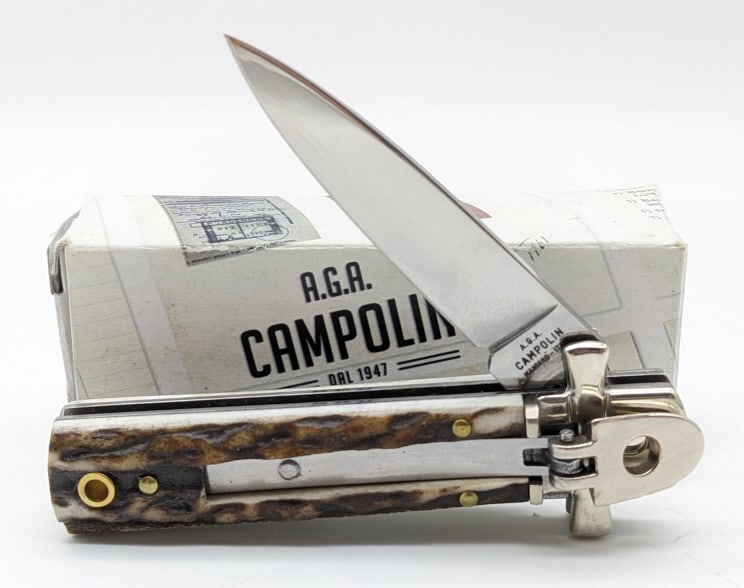 NIB AGA Campolin Stag Leverlock Switchblade Knife (1 of 4)