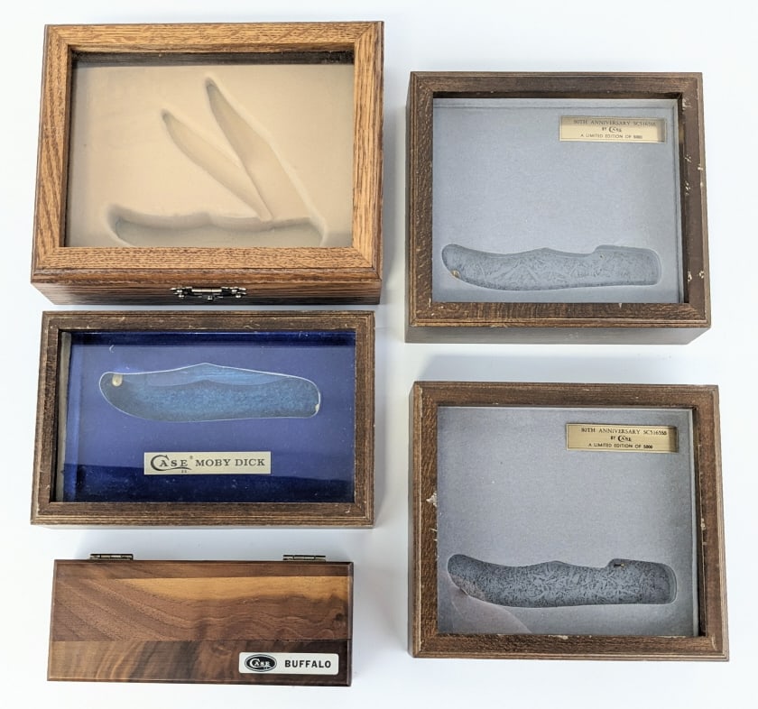 Case XX Special Edition Knife Display Cases: Case XX Special Edition Knife Display Cases. Cases are for the 80th Anniversary of Case XX, Moby Dick, Large Buffalo, and First Flight. Cases are in good condition with some wear from handling and age