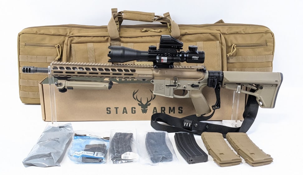 Custom MAG Tactical MG-G4 5.56mm Semi Auto Rifle: Custom MAG Tactical MG-G4 5.56mm Semi Auto Rifle. Comes with a GPS coyote tan back carry case, 3 poly mags, 3 steel mags, and Magpul flip up iron sights. Features a Stag Arms Stag-15 upper with a 16in