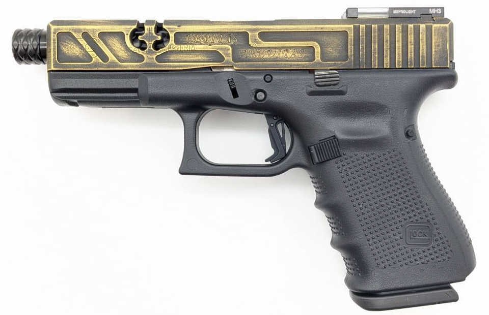 Custom Glock 19 Gen 4 9mm Semi Auto Pistol: Custom Glock 19 Gen 4 9mm Semi Auto Pistol. Pistol features a 4-1/2in threaded barrel with dimple cuts, custom machining and engraving on the slide, Meprolight FT Bullseye tritium optic rear sight, an